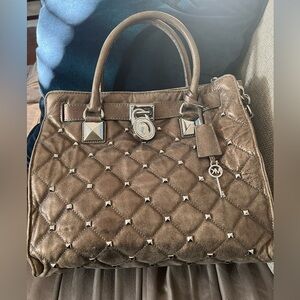 Michael Kors Hamilton Quilted Metallic Grey Silver Satchel